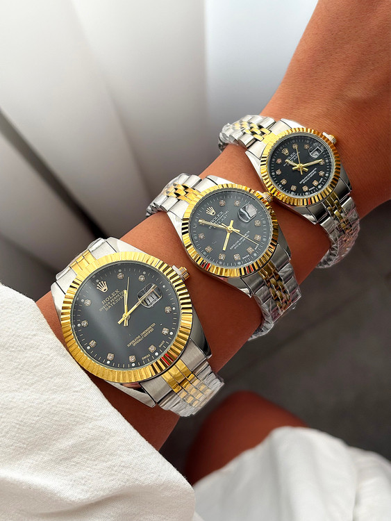 ساعت مچی زنانه و مردانه رولکس دیت جاست نقرهای طلایی صفحه مشکی